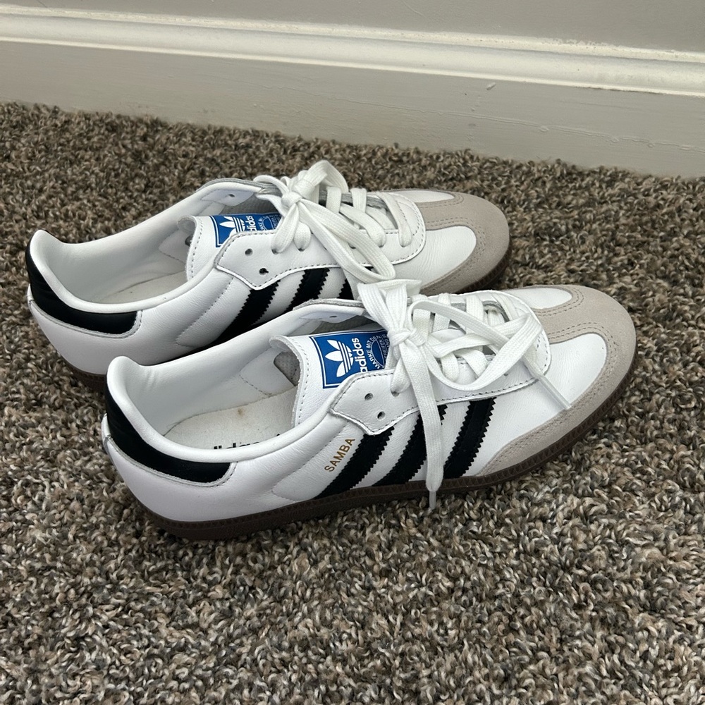 Women’s Adidas Sambas White, Black, and Gray